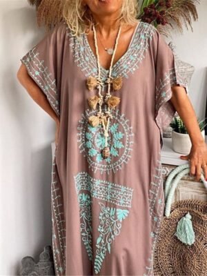 Casual Loose Floral V Neck Short Sleeve Maxi Dress - Image 2