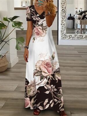 Casual Loose Floral V Neck Short Sleeve Maxi Dress - Image 4
