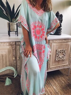 Casual Loose Floral V Neck Short Sleeve Maxi Dress - Image 4