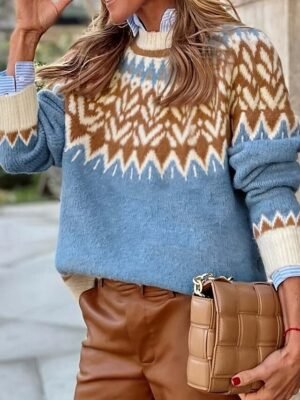 Casual Loose Geometric Crew Neck Long Sleeve Outdoor Sweater - Image 1