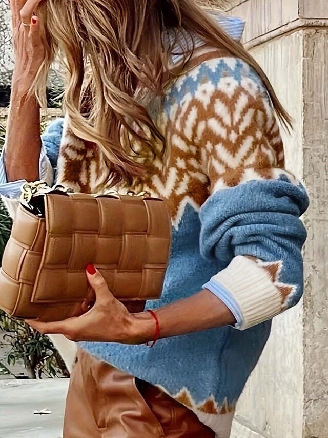 Casual Loose Geometric Crew Neck Long Sleeve Outdoor Sweater - Image 2