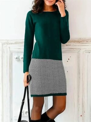 Casual Loose Geometric Crew Neck Long Sleeve Mini Sweatshirt Dress - Image 3
