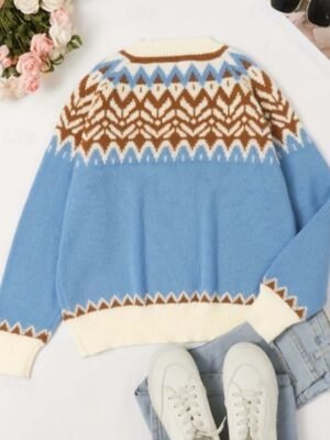 Casual Loose Geometric Crew Neck Long Sleeve Outdoor Sweater - Image 3