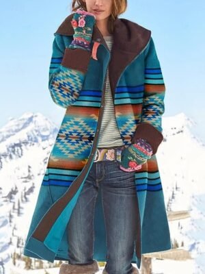 Casual Loose Geometric Turndown Long Sleeve Long Coat - Image 1