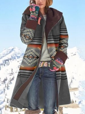 Casual Loose Geometric Turndown Long Sleeve Long Coat - Image 3