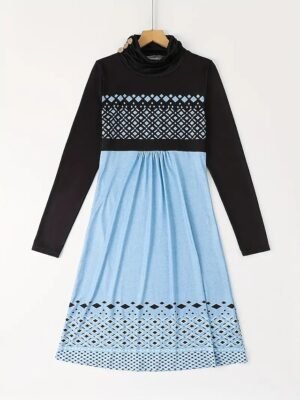 Casual Loose Geometric Turtleneck Long Sleeve Midi Dress - Image 2