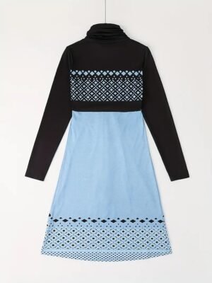 Casual Loose Geometric Turtleneck Long Sleeve Midi Dress - Image 3