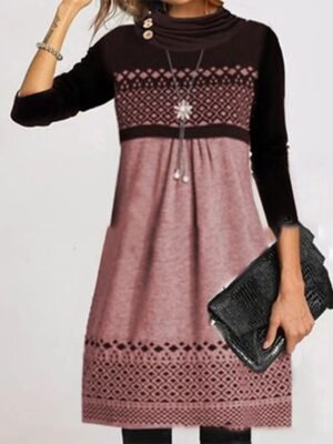 Casual Loose Geometric Turtleneck Long Sleeve Midi Dress - Image 7