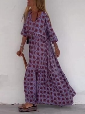 Casual Loose Geometric V Neck 3/4 Sleeve Maxi Dress - Image 2