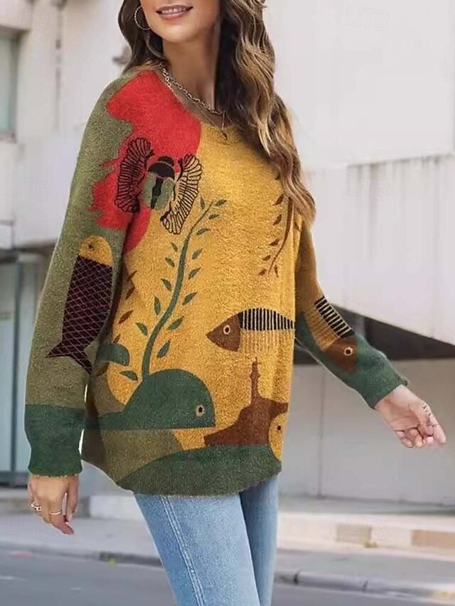 Casual Loose Graphic Crew Neck Long Sleeve Long Knitted Top - Image 2