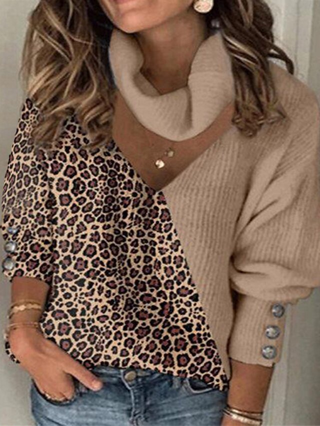 Casual Loose Leopard Colour Block Turtleneck Long Sleeve Knit Jumper - Image 2
