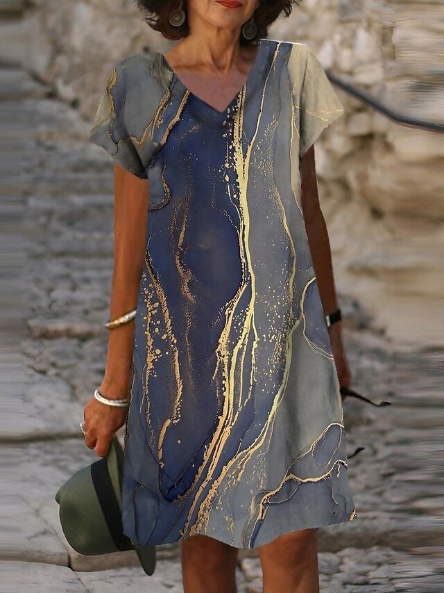 Casual Loose Marble V Neck Short Sleeve Midi Dress - Image 1