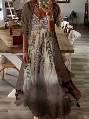 Casual Loose Ombre Tribal V Neck Long Sleeve Maxi Dress Set - Image 2