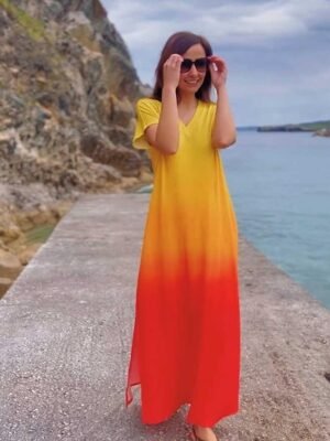Casual Loose Ombre V Neck Short Sleeve Maxi Dress - Image 6