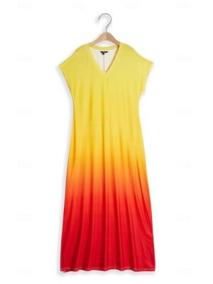 Casual Loose Ombre V Neck Short Sleeve Maxi Dress - Image 7