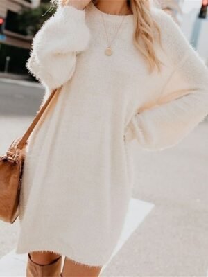 Casual Loose Patchwork Crew Neck Long Sleeve Mini Dress - Image 3