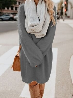 Casual Loose Patchwork Crew Neck Long Sleeve Mini Dress - Image 4