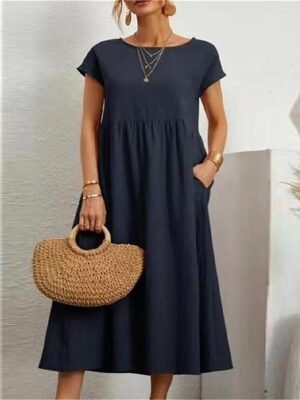 Casual Loose Plain Crew Neck Short Sleeve Midi Dress - Image 1