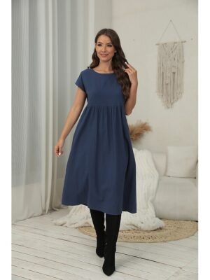 Casual Loose Plain Crew Neck Short Sleeve Midi Dress - Image 4