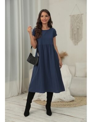 Casual Loose Plain Crew Neck Short Sleeve Midi Dress - Image 6