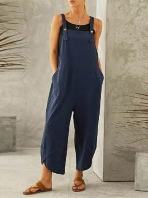 Casual Loose Plain Mid Waist Wide Leg Ankle-Length Jumpsuit - Image 3