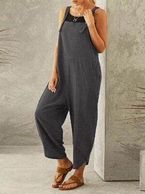 Casual Loose Plain Mid Waist Wide Leg Ankle-Length Jumpsuit - Image 4