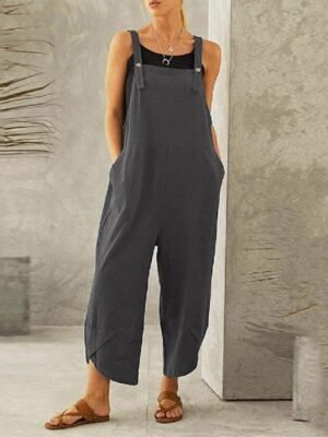 Casual Loose Plain Mid Waist Wide Leg Ankle-Length Jumpsuit - Image 5