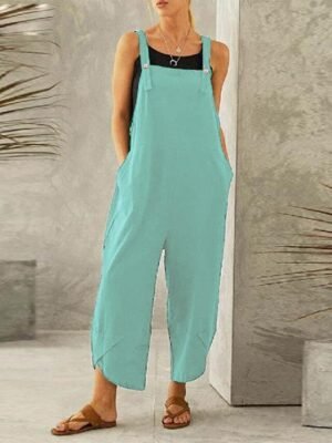 Casual Loose Plain Mid Waist Wide Leg Ankle-Length Jumpsuit - Image 9