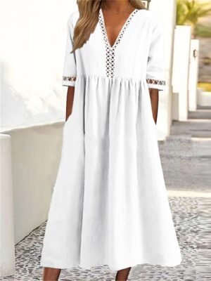 Casual Loose Plain V Neck Short Sleeve Midi Dress - Image 3