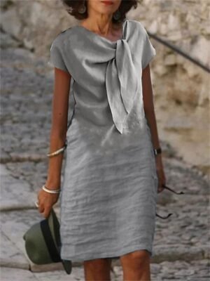 Casual Loose Plain V Neck Short Sleeve Midi Dress - Image 3