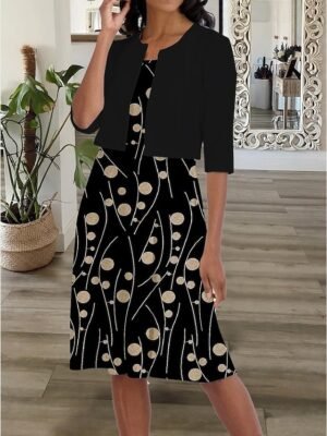 Casual Loose Polka Dot Crew Neck Half Sleeve Midi Dress Set - Image 1