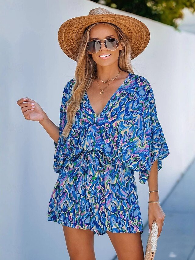 Casual Loose Print High Waist Short Jumpsuit - Image 2