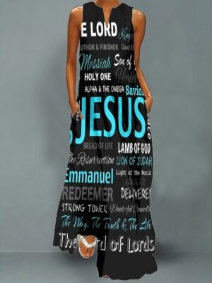 Casual Loose Print V Neck Sleeveless Maxi Dress - Image 2