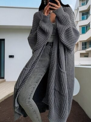 Casual Loose Pure Colour Open Front Long Sleeve Long Cardigan - Image 2