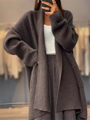 Casual Loose Pure Colour Open Front Long Sleeve Long Cardigan - Image 4