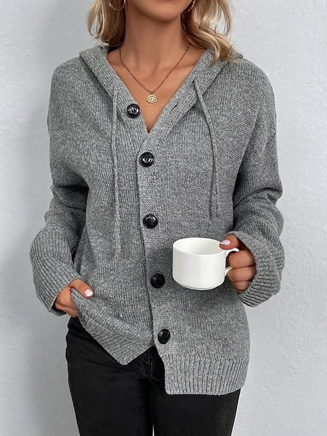 Casual Loose Pure Colour Ribbed Hooded Long Sleeve Cardigan - Image 1