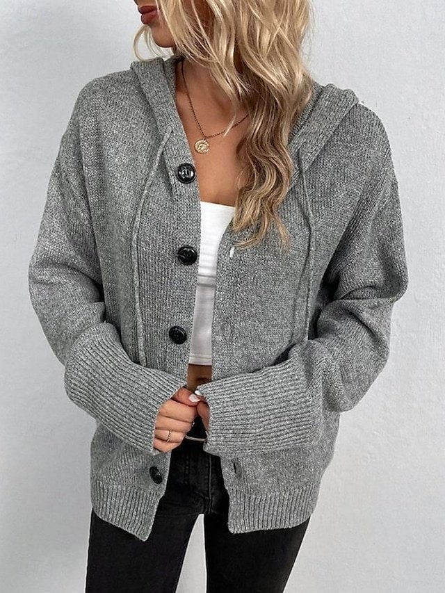 Casual Loose Pure Colour Ribbed Hooded Long Sleeve Cardigan - Image 2