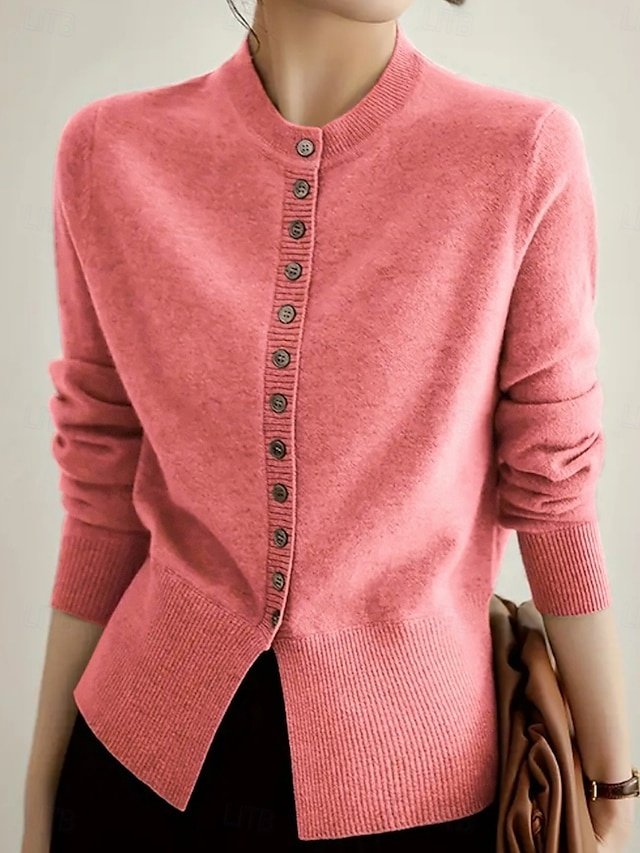 Casual Loose Pure Colour Stand Collar Long Sleeve Regular Cardigan - Image 1