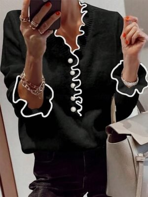 Casual Loose Pure Colour V Neck Ruffle Button Long Sleeve Cardigan - Image 5