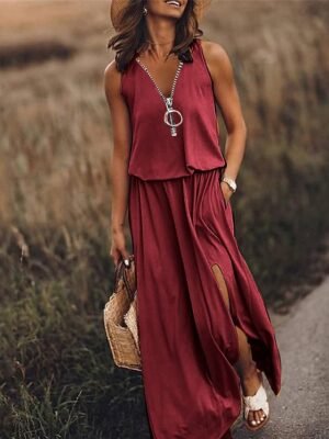 Casual Loose Pure Colour V Neck Sleeveless Maxi Dress - Image 3