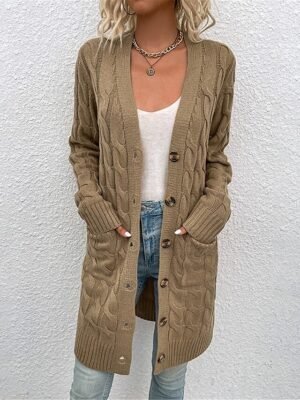 Casual Loose Pure Ribbed V Neck Long Sleeve Long Cardigan - Image 9
