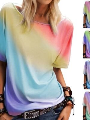Casual Loose Rainbow Gradient Round Neck Short Sleeve T-Shirt - Image 1