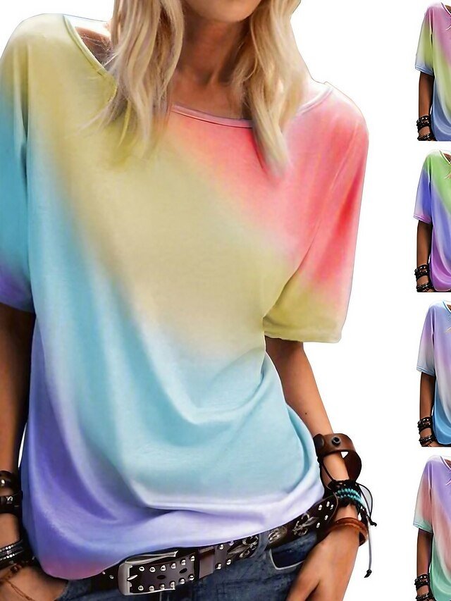 Casual Loose Rainbow Gradient Round Neck Short Sleeve T-Shirt - Image 1