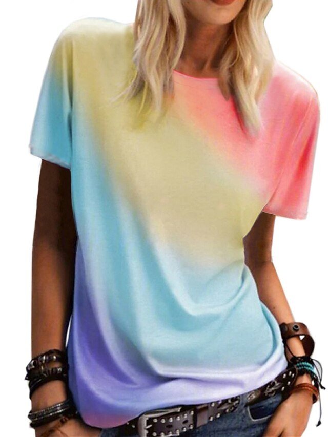 Casual Loose Rainbow Gradient Round Neck Short Sleeve T-Shirt - Image 2