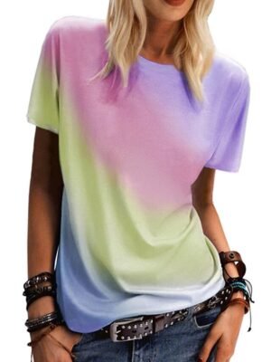 Casual Loose Rainbow Gradient Round Neck Short Sleeve T-Shirt - Image 3