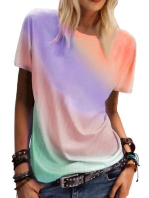 Casual Loose Rainbow Gradient Round Neck Short Sleeve T-Shirt - Image 4