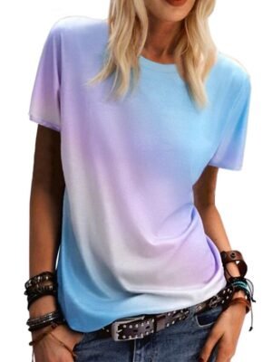 Casual Loose Rainbow Gradient Round Neck Short Sleeve T-Shirt - Image 5