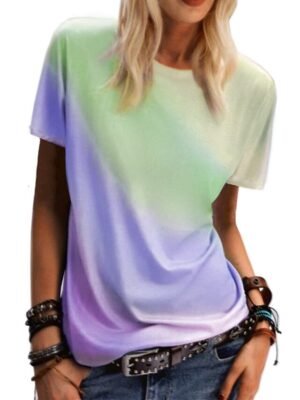 Casual Loose Rainbow Gradient Round Neck Short Sleeve T-Shirt - Image 6