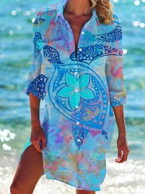 Casual Loose Rainbow Print Shirt Collar Long Sleeve Mini Shirt Dress - Image 4