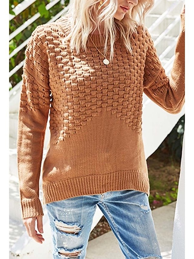 Casual Loose Solid Crew Neck Long Sleeve Long Knitted Top - Image 1